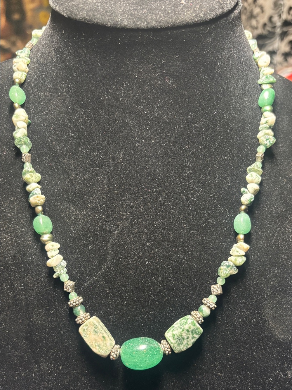 Tree Agate, Aventurine & Freshwater Pearl Nugget Beaded Necklace